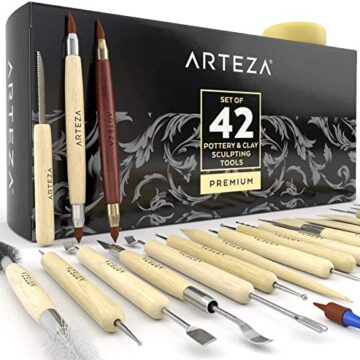 ARTEZA® Set de Herramientas de Esculpir Arcilla y modelar cerámica, para Profesionales o novatos, Materiales de Madera con Puntas de Acero Inoxidable Resistente, en Caja de cartón (Kit de 42)