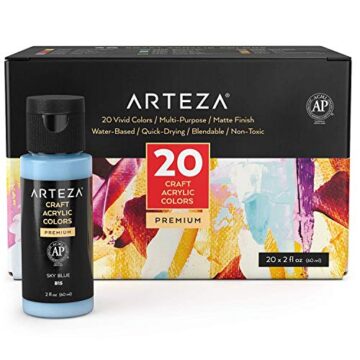 Arteza Set de pintura acrílica para manualidades, botes de 60ml, 20 colores mezclables a base de agua, acabado mate, pinturas acrílicas para lienzos, cristal, madera, cerámica, telas, arte y bricolaje