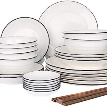 CSYY Vajilla de loza, 30 piezas, vajilla para 6 personas, juego de platos de porcelana, juego de vajilla redonda premium con cuencos, platos llanos, cuencos para salsas y palillos, color blanco