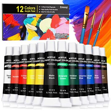 Emooqi Pinturas Acrílicas, 12 Tubos de Pintura Acrílica 22mL Set con 3 Pinceles, Pintura Acrilica Manualidades Para Lienzo, Papel, Madera, Cerámica