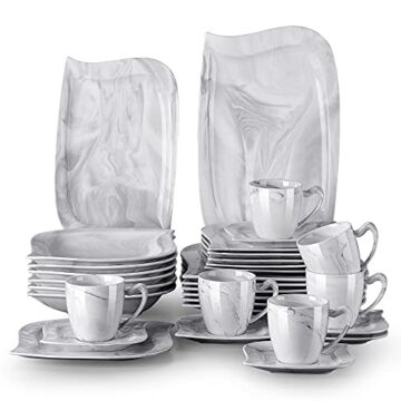 MALACASA serie Elvira Grey Vajillas Completas Modernas de 32 pcs Vajillas de Porcelana Marmol -6 Platos Llanos, Platos Hondos y Platos de Postre Tazas de Café y Platillos, 2 Platos Rectangulares