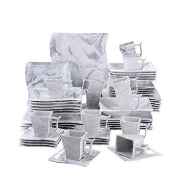 MALACASA, Serie Flora, Vajilla de Porcelana 60 pcs, con 12 Tazas, 12 Platillos, 12 Platos Llanos, 12 Platos de Postre, 12 Platos de Hondos, para 12 Personas Diseño con Patrón de Mármol Gris