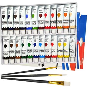 OCEANO Juego de 27 piezas de pintura acrílica,24 pinturas acrílicas,3pinceles de pintura. Para Lienzo, Papel, Madera, Cerámica,no tóxica de secado rápido para Niños, Principiantes, Profesionales