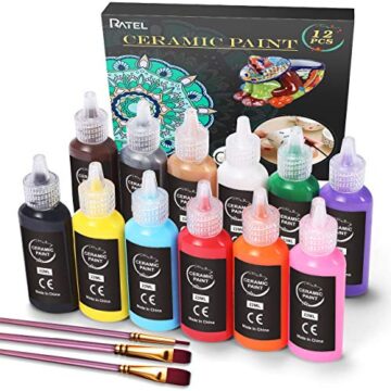 RATEL Pintura para Porcelana y Cerámica, 12 x 22 ml Colores cerámicos resistentes al agua+ 3 Pincel, colores de cerámica ideales para pintar tazas de tazas, Lavable en lavavajillas Pinturas Acrílicas