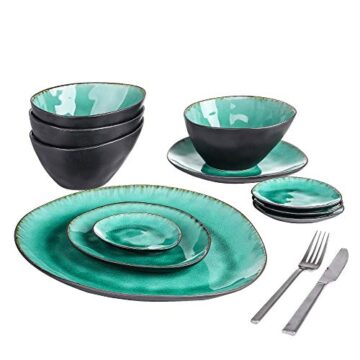 vancasso Serie Coco Vajilla Irregular de 11 Piezas Verde Agua, Juego de Vajillas Esmaltadas Gres para 4 Personas, 4 Cuencos 4 Platos de Salsa 2 Platos y 1 Plato Grande