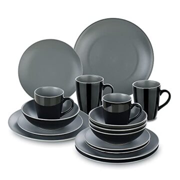 vancasso serie Lento Vajilla de Cerámica Juego de Vajilla de 16pcs Vajillas Completas Modernas para 12 Personas, Plato Llano, Plato de Postre, Cuenco y Taza, Redonda Mate Gris Claro