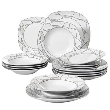 VEWEET Serena Juegos de Vajillas 18 Piezas de Porcelana con 6 Platos, 6 Platos Hondos y 6 Platos de Postre para 6 Personas