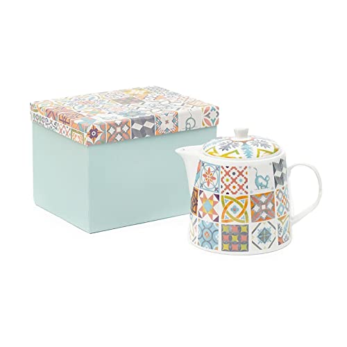 GATO PRETO Tetera para té y café de cerámica 1000 ml, 20TIES REMIX, vajilla blanca con diseño original by Gato Preto. Menaje con patrón de azulejos, coloreados y geométricos.