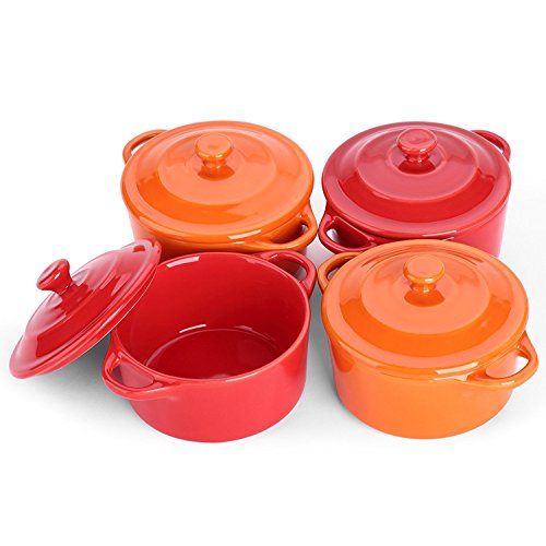 Lifver – Plato de soufflé de cerámica de 200 ml/Mini cazuela/Ramekins, Tazones de fuente de Dip-4, rojo cereza y naranja, redondos
