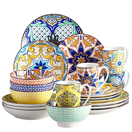 vancasso Vajilla de Porcelana serie Jasmin Juego de Vajillas de 20 pcs-4 Tazas, Cuencos, Platos Planos, Platos de Postre y Platos Hondos para 4 Personas Hermosos Diseños de Patrón de Jazmín